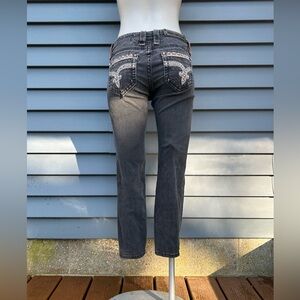 Rock Revival Faded Black Stretch Denim Embellished Sherry Crop Jeans~27~